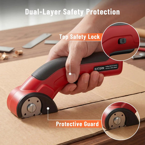 Katerk 4.4V Cordless Electric Scissors & Cardboard Cutter with safety lock and guard, user holding on cardboard surface.