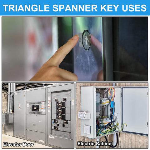Hand using triangle spanner key on elevator, with electric cabinet and panel visible below for context.