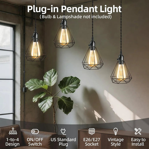 Plug In Pendant Light Kit With 1 To 4 E26 E27 Sockets Industrial Hanging Light With Individual Rotary Switches in living room.