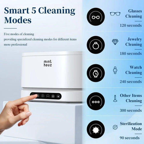 Five cleaning modes of 48KHz Ultrasonic Jewelry Cleaner With Five Cleaning Modes For Jewelry, Eyeglasses, Rings, Watches, Watch Bands, Dentures And More, 500ML Stainless Steel Tank, All-In-One Dope Gadget Gift For Wife Mom Daughter displayed.