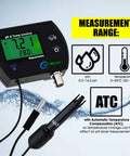 Heavy Duty PH And Temperature Water Quality Tester Meter With Automatic Temperature Compensation And Illuminated Screen showing measurement display and probe.