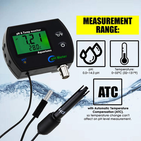 Heavy Duty PH And Temperature Water Quality Tester Meter With Automatic Temperature Compensation And Illuminated Screen showing measurement display and probe.