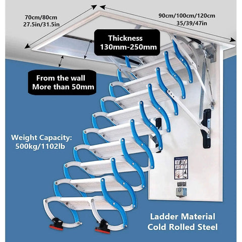 Game Changer Electric Attic Ladder Pull Down Design With Comfort Grip Armrests For Effortless Ceiling Access Built From Heavy Duty Titanium Alloy For Rock Solid Daily Use And Super Easy Setup, showing size and material details.