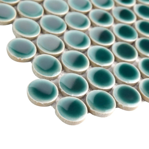 Close-up of Emerald Penny Round Porcelain Mosaic Tile for Floor and Wall, 11-7/8 x 12-5/8 Inch, Mesh-Mounted Glazed Tiles