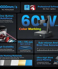 Image showing features of the Auto Focus 60W MOPA Fiber Laser Engraver Pro Grade With 3D Deep Engraving 6 Point 9 By 6 Point 9 Inch Work Area Metal Color Marking Machine For Aluminum Steel Gold And More, highlighting laser and software capabilities.