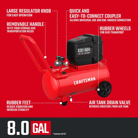Craftsman 8 Gallon Horizontal Air Compressor 1.8 HP Oil Free 150 PSI Fast Recovery Tank With Full Accessory Kit For Workshop And Garage Projects Ultimate Performance