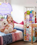 Stuffed Animal Storage Zoo Holder Space Saving Vertical PVC Toy Organizer With Elastic Net And Band For Playroom Bedroom Or Nursery Extra Large Capacity Cage White Durable Frame Great For Kids Toys And Tidy Rooms next to a bed