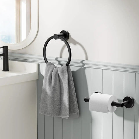 Matte Black Wall Mount Toilet Paper Holder With Pivoting Double Post Tissue Roll Holder And Hand Towel Ring Set In Premium SUS304
