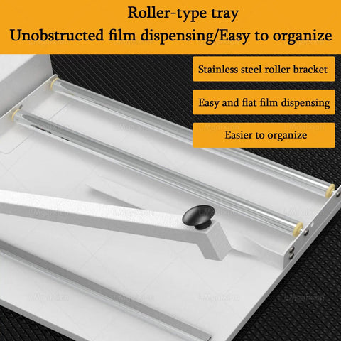 GFJYKDL 1800W Adjustable Heat Shrink Wrap Machine roller-type tray for unobstructed film dispensing and easy organization.