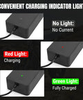 54.6V 2.5A 3 Pin Fast Charger For TST R002 R002S E Bikes with charging indicator lights showing red and green statuses