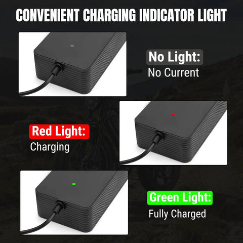 54.6V 2.5A 3 Pin Fast Charger For TST R002 R002S E Bikes with charging indicator lights showing red and green statuses