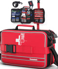 Big 324 Piece First Aid Kit With Labeled Compartments For Cars, Home, Office, Travel, Camping, Backpacking And Cycling, Includes Israeli Bandages, Splints, Ice Packs, CPR Masks And A Handy Flashlight, red bag with strap and open view
