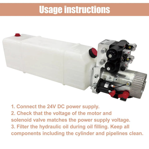 Dinenovate 24V Double Acting Hydraulic Power Unit 2200W Mini Pack showing usage instructions and components for portable hydraulic systems.