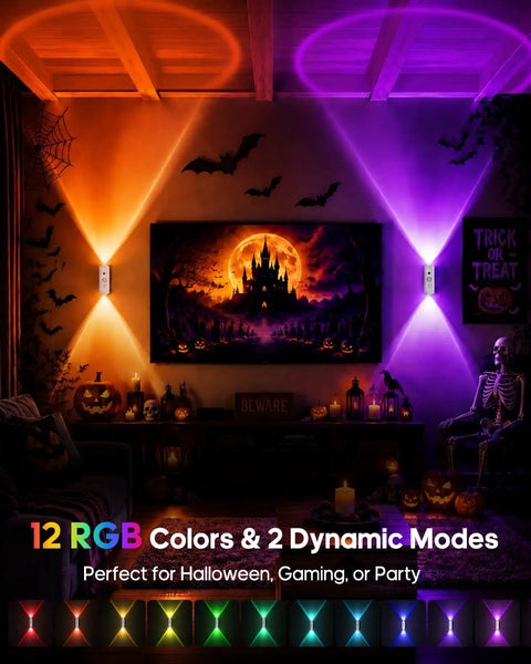 GOODEA RGB Wall Sconce, Rechargeable Motion Sensor Wall Light with Remote illuminating a cozy Halloween scene.