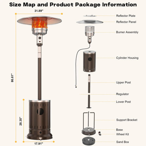 Diagram showing parts of 50,000 BTU Propane Patio Heater With Sand Box, Backyard Ready, Double Layer Stainless Steel Burner, Outdoor Space Heater