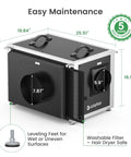 Heavy-Duty 216 Pint Crawl Space Dehumidifier With Built-In Pump And Remote Control For Whole House And Basement, 8000 Sq Ft Coverage, showing dimensions and features.