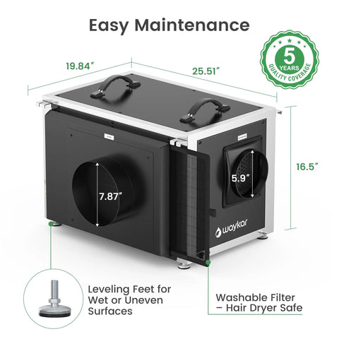 Heavy-Duty 216 Pint Crawl Space Dehumidifier With Built-In Pump And Remote Control For Whole House And Basement, 8000 Sq Ft Coverage, showing dimensions and features.