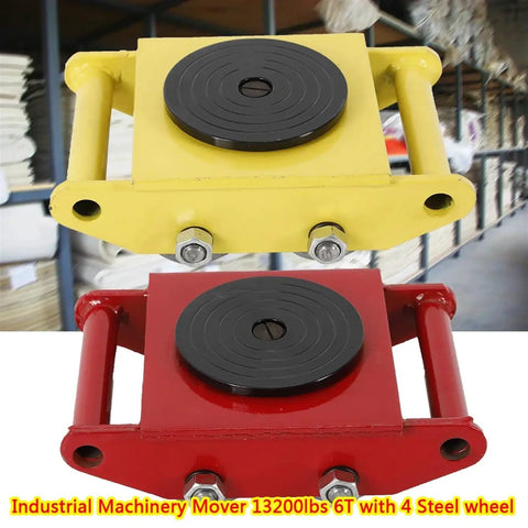 Built Different Heavy Duty Machinery Mover 13200 Lb Capacity Dolly Skateboard With 6 Ton Steel Wheels 360 Swivel Spin, red and yellow.