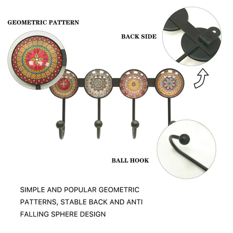 Wall Mounted Coat Rack With Four Hooks Round Brown Mandala Pattern Boho Chic Decorative Wall Hanger For Hats Keys Towels