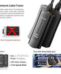 All In One Ethernet Crimping Tool Kit With Pass Through RJ45 Crimper Cable Tester Wire Cutters Pliers Network Cable Stripper Mini Stripper And 50 Cat6 Pass Through Connectors With Strain Relief Boots For Cat7 Cat6 Cat5 Networks, network cable tester with detachable part, size and battery specifications visible