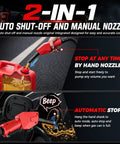 Cordless Fuel Transfer Pump With Auto Shutoff And Solid Grip Nozzle For Gasoline Diesel Oil 5Gpm Battery Operated Hose Kit, showing hand nozzle use.