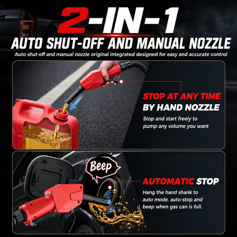 Cordless Fuel Transfer Pump With Auto Shutoff And Solid Grip Nozzle For Gasoline Diesel Oil 5Gpm Battery Operated Hose Kit, showing hand nozzle use.