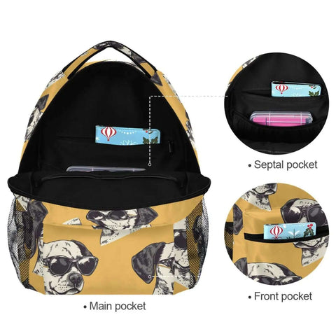 Cool Dog With Shades Backpack For School Book Bag And Travel Lightweight Waterproof Daypack With Separate Laptop Compartment Ideal For Boys And Girls Hiking Camping Work And Weekend Adventures showing main pocket and internal dividers.