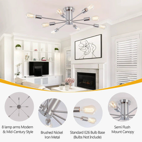 Living room with 8 Light Sputnik Ceiling Chandelier In Brushed Nickel Silver, Dope Modern Industrial Pendant Lighting Fixture