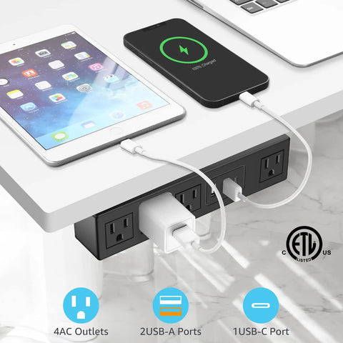 Under Desk Power Strip With 3M Adhesive Mount, 4 Outlets and 1200J Surge Protector, charging devices under a desk.