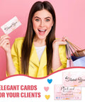Woman holding 'Thank You' card with shopping bags, promoting Heart Shaped Handheld Punch Card Kit With 100 Reward Cards.