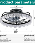 Yunstore Glowlings Rustic Flower Caged Ceiling Fan with Light (Matte Black) dimensions and details diagram on white background.