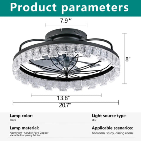 Yunstore Glowlings Rustic Flower Caged Ceiling Fan with Light (Matte Black) dimensions and details diagram on white background.