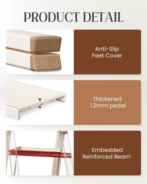Four Step Aluminum Folding Ladder With Anti Slip Wide Pedals, Lightweight Portable Stepladder For Home And Kitchen, Space Saving Design, Supports Up To 330 Lbs, Compact Folded Size, Durable And Easy To Store In Chocolate White. Anti-slip feet cover and 1.2mm reinforced pedal
