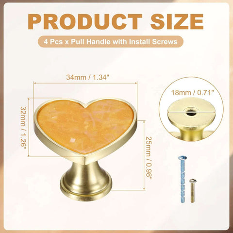 Swank Heart Shaped Zinc Alloy Drawer Knobs With Screws Included For Cabinets Cupboards And Dressers Hella Tough Yellow Pull Handles Heavy Duty Hardware Upgrade For Home Furniture Storage Projects 4 Pack product size and details shown.