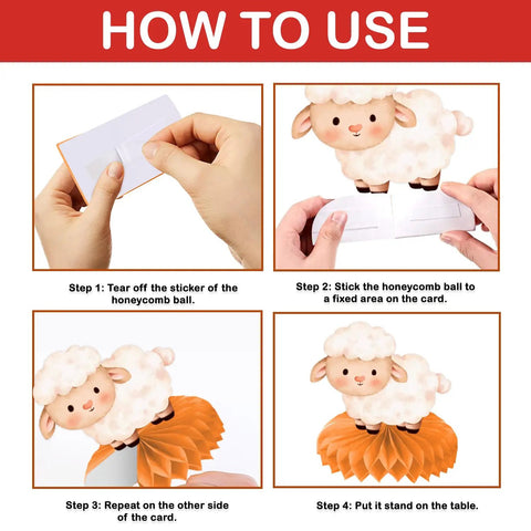Step-by-step assembly of a sheep from the 9 Piece Farm Honeycomb Centerpieces Set For Birthday Parties Farm Animal Theme Table Decor.
