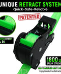 Retractable Ratchet Straps Featuring Control Pull Back System Heavy Duty Self Retracting Cargo Ties For Trucks with green strap and release button.