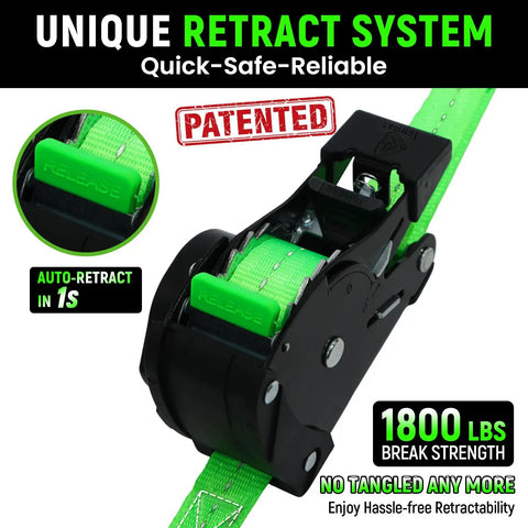 Retractable Ratchet Straps Featuring Control Pull Back System Heavy Duty Self Retracting Cargo Ties For Trucks with green strap and release button.