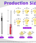 Production size chart for Top Shelf Pro Grade Gold Leather Rivets And Chicago Binding Screws Assortment Kit sizes and tools.