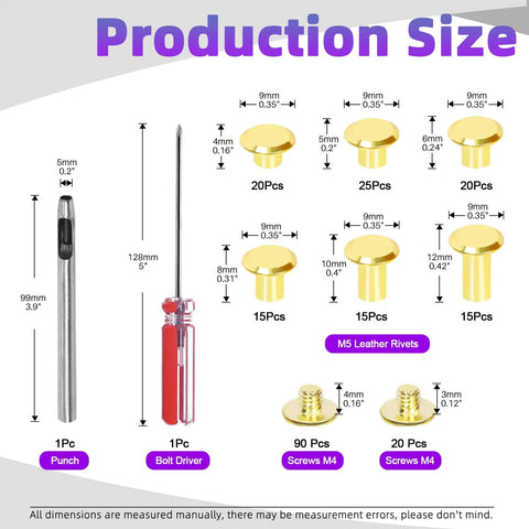 Production size chart for Top Shelf Pro Grade Gold Leather Rivets And Chicago Binding Screws Assortment Kit sizes and tools.