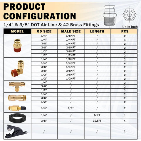 CheeMuii 43-pc brass DOT air line fittings with 50 ft 1/4 and 32.8 ft 3/8 DOT air hoses