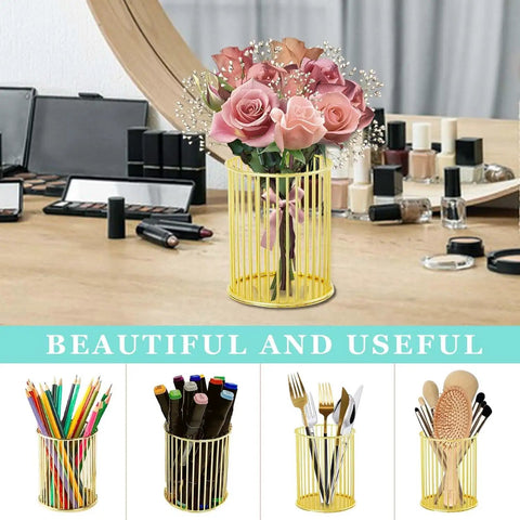 Gold Metal Two Pack Sticky Note Holder And Pen Holder Set, Circle And Square Desk Organizer For Home Office