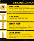 Pro Grade Size 10 X 2-1/2 Inch Yellow Star Drive Wood Screws, 120 Pack Self Tapping Deck Screws With Free 50mm T25 Bit, No Pre Drill Needed, Quick Penetration For Lumber, Heavy Duty Woodworking Kit, details display of star drive, flat head, screw teeth, quick start features