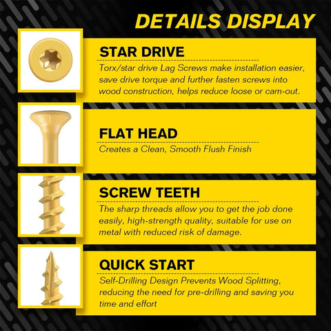 Pro Grade Size 10 X 2-1/2 Inch Yellow Star Drive Wood Screws, 120 Pack Self Tapping Deck Screws With Free 50mm T25 Bit, No Pre Drill Needed, Quick Penetration For Lumber, Heavy Duty Woodworking Kit, details display of star drive, flat head, screw teeth, quick start features