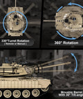 Diagram showing turret rotation and barrel tilt of 1/18 Scale M1A2 Abrams RC Tank With 2.4G Remote Control, BB Shooting, Smoke, Sound And Lights.