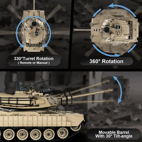 Diagram showing turret rotation and barrel tilt of 1/18 Scale M1A2 Abrams RC Tank With 2.4G Remote Control, BB Shooting, Smoke, Sound And Lights.