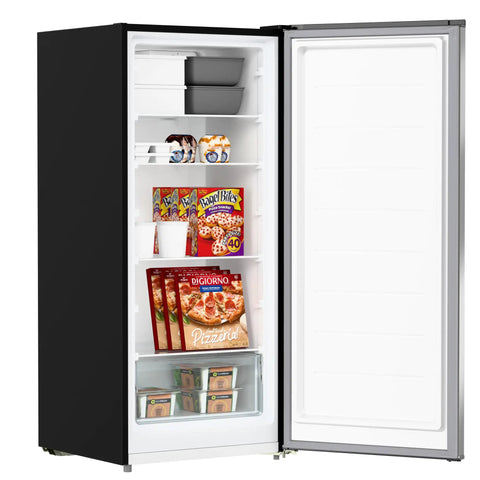 Interior view of 7 Cu Ft Upright Convertible Refrigerator And Freezer With Manual Defrost and Garage Ready Build In Brushed Stainless Steel, organized for storage.