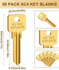 Bulk 50 Pcs Do Not Duplicate Metal Key Blanks For House Door Locks Gold SC4 Replacement Keys, multiple views and dimensions shown.