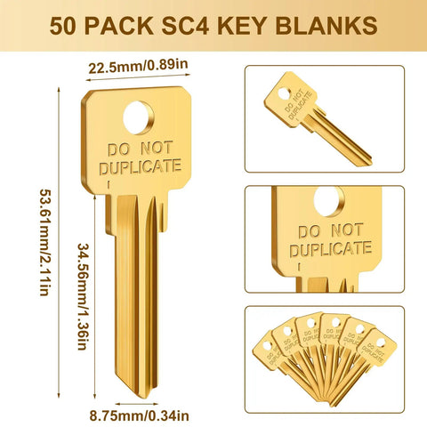 Bulk 50 Pcs Do Not Duplicate Metal Key Blanks For House Door Locks Gold SC4 Replacement Keys, multiple views and dimensions shown.
