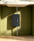 Bulletproof 3000W Tankless Water Heater With LCD Screen installed under a sink, featuring sleek black design and control panel.
