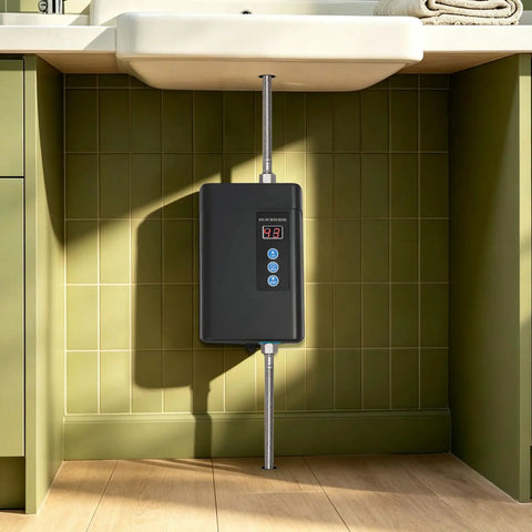 Bulletproof 3000W Tankless Water Heater With LCD Screen installed under a sink, featuring sleek black design and control panel.